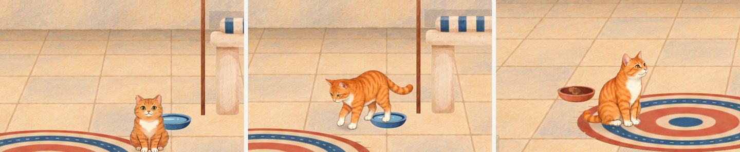 An orange cat on the Santorini terrace: it looks up when picked, walks after the cursor, then sits and watches it