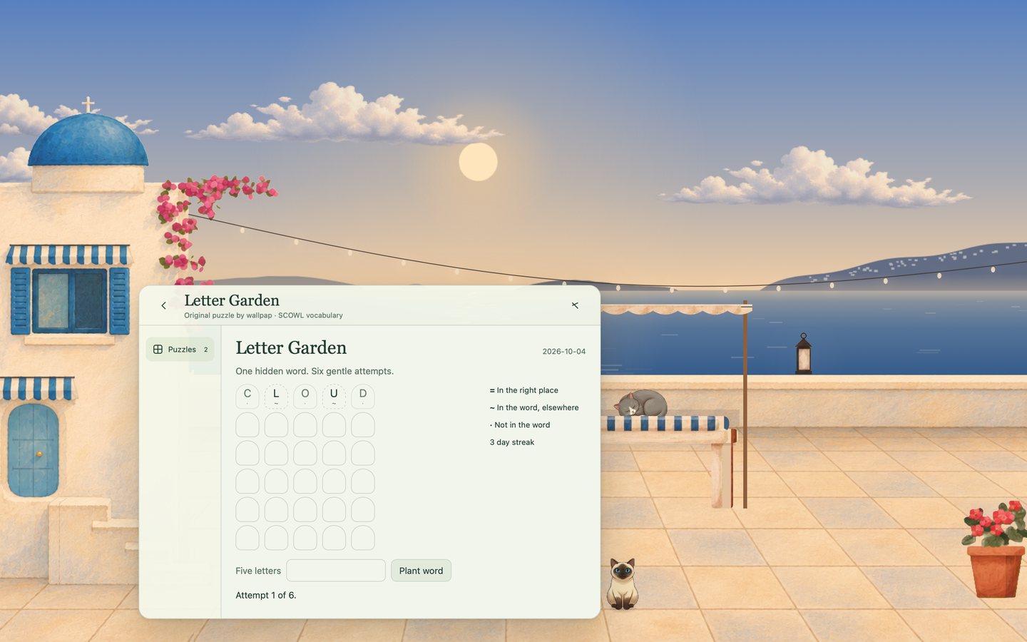 The Play panel open over the Santorini Cats scene, showing today’s Letter Garden puzzle